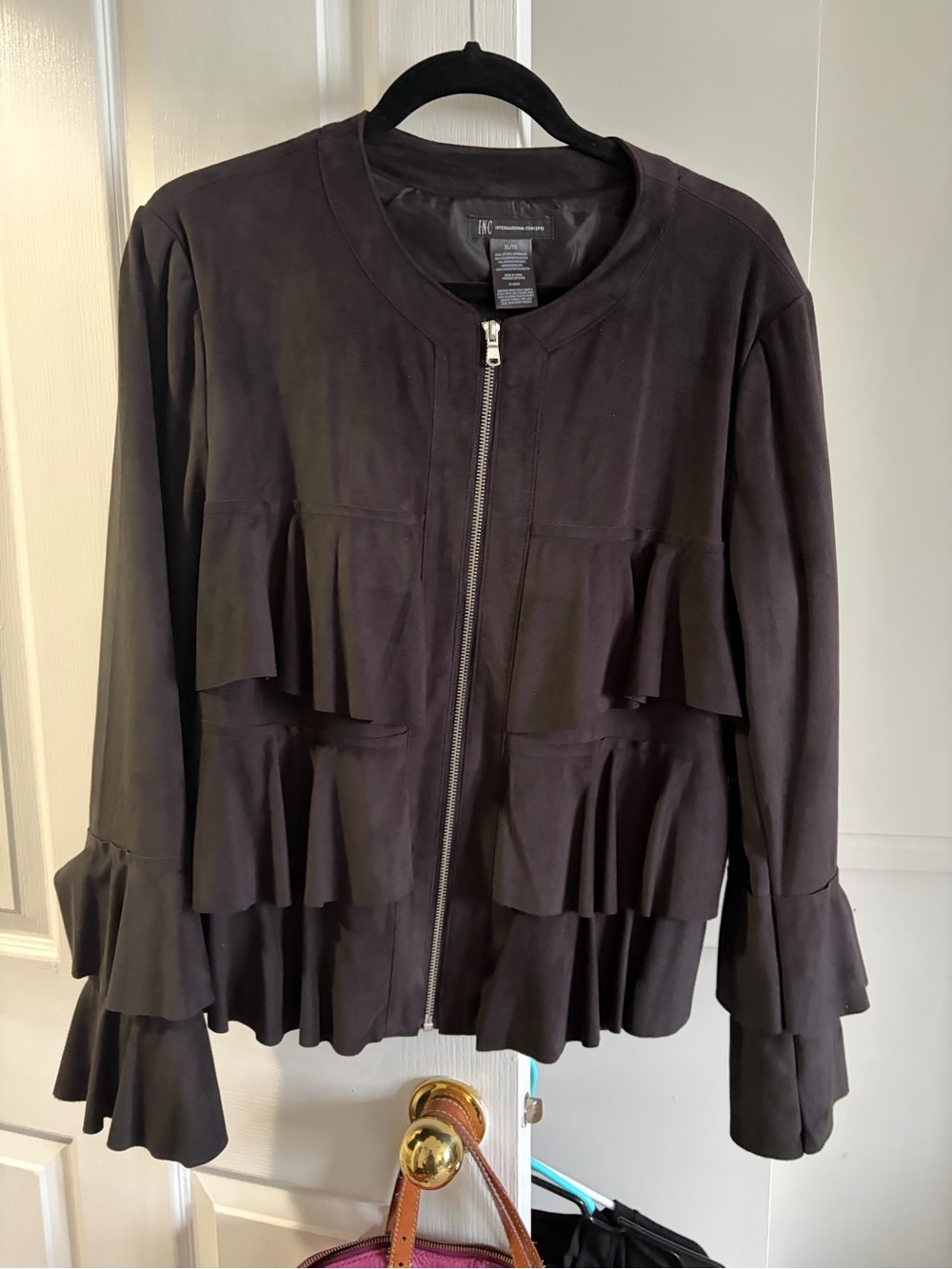 INC International Concepts Black Ruffle Zip-Front Jacket faux suede size lx